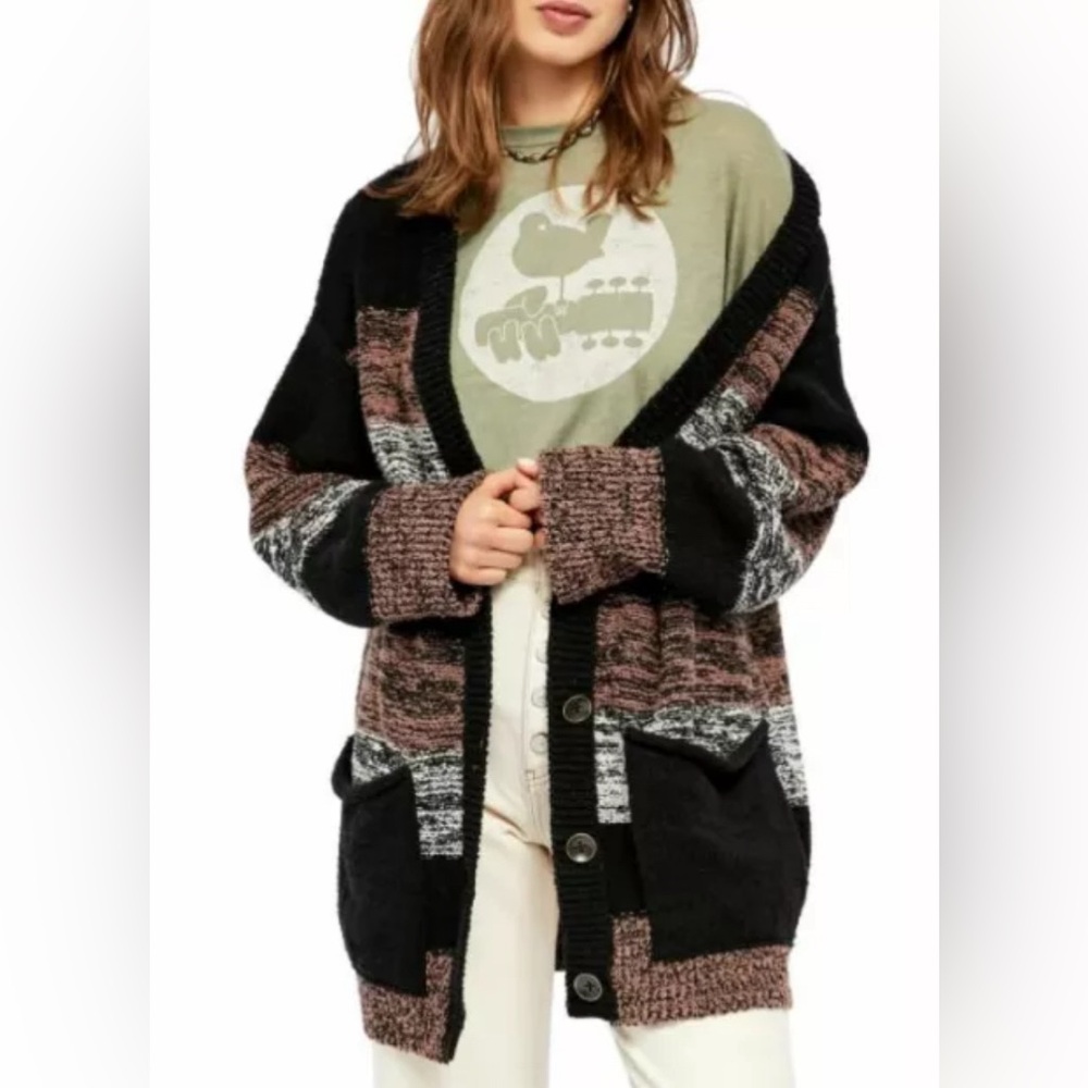 Free People Southport Beach Oversized Striped Knit Cardigan FLAWED Women’s XS